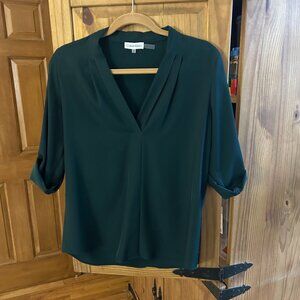 Calvin Klein Forest Green V-Neck Blouse Roll-Tab Sleeves Size S NWOT